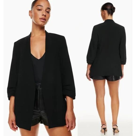 Aritzia Babaton Power Hip Blazer Open Front Ruched 3/4 Sleeve Jacket Crepe Black - Picture 1 of 15
